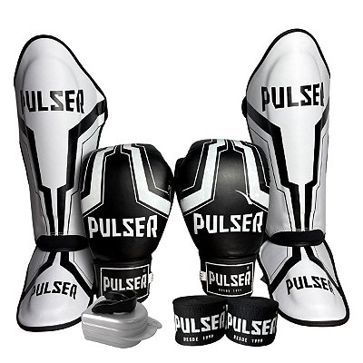 SUPER KIT LUVA 12OZ + CANELEIRA G/30MM + BANDAGEM + BUCAL - BRANCO PRETO IRON - PULSER