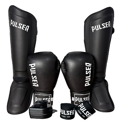 SUPER KIT LUVA 16OZ + CANELEIRA G/30MM + BANDAGEM + BUCAL - PRETO BRANCO MINIMAL - PULSER