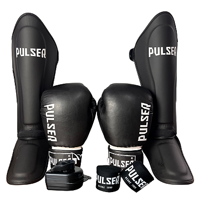 SUPER KIT LUVA 16OZ + CANELEIRA G/30MM + BANDAGEM + BUCAL - PRETO BRANCO MINIMAL - PULSER