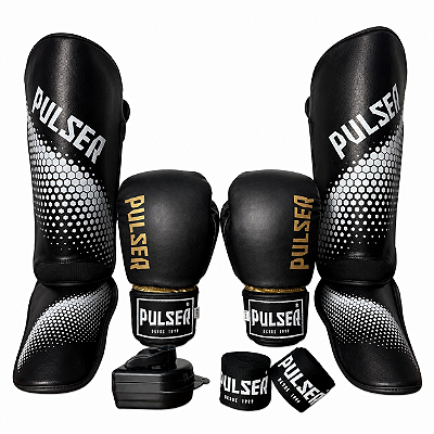 KIT LUVA 14OZ + CANELEIRA G/20MM + BANDAGEM + BUCAL - PRETO DOURADO MINIMAL - PULSER