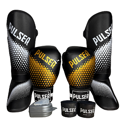 KIT LUVA 14OZ + CANELEIRA M/20MM + BANDAGEM + BUCAL - PRETO DOURADO HEXA - PULSER