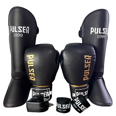 KIT LUVA 12OZ + CANELEIRA M/20MM + BANDAGEM + BUCAL - PRETO DOURADO MINIMAL- PULSER