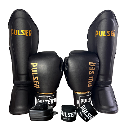 SUPER KIT LUVA 12OZ + CANELEIRA M/30MM + BANDAGEM + BUCAL - PRETO DOURADO MINIMAL - PULSER