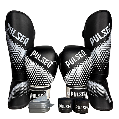 KIT LUVA 12OZ + CANELEIRA G/20MM + BANDAGEM + BUCAL - BRANCO PRETO HEXA - PULSER