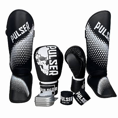 KIT LUVA 12OZ + CANELEIRA G/20MM + BANDAGEM + BUCAL - PRETO BRANCO CAVEIRA - PULSER