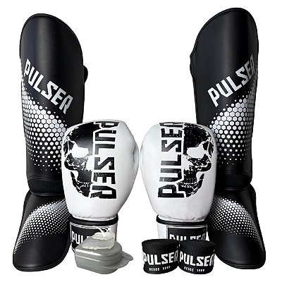 KIT LUVA 12OZ + CANELEIRA M/20MM + BANDAGEM + BUCAL - BRANCO PRETO CAVEIRA - PULSER