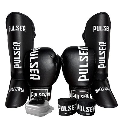 KIT LUVA 16OZ + CANELEIRA M/20MM + BANDAGEM + BUCAL - PRETO BRANCO MINIMAL - PULSER