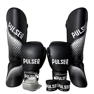 KIT LUVA 16OZ + CANELEIRA M/20MM + BANDAGEM + BUCAL - PRETO BRANCO MINIMAL - PULSER
