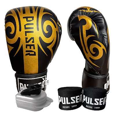 KIT LUVA 12OZ + BANDAGEM + BUCAL - PRETO DOURADO GOLD - PULSER