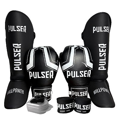KIT LUVA 12OZ + CANELEIRA M/20MM + BANDAGEM + BUCAL - BRANCO PRETO IRON - PULSER