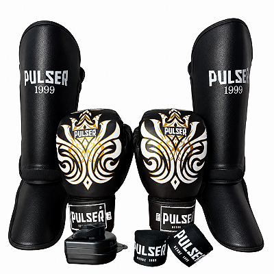 KIT LUVA 12OZ + CANELEIRA G/20MM + BANDAGEM + BUCAL - PRETO IMPERIAL - PULSER