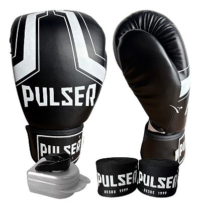 KIT LUVA 10OZ + BANDAGEM + BUCAL - PRETO BRANCO IRON - PULSER