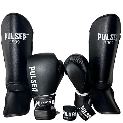 KIT LUVA 10OZ + CANELEIRA M/20MM + BANDAGEM + BUCAL - PRETO BRANCO MINIMAL - PULSER