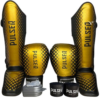 SUPER KIT LUVA 10OZ + CANELEIRA G/30MM + BANDAGEM + BUCAL - PRETO DOURADO EVOLUTION - PULSER