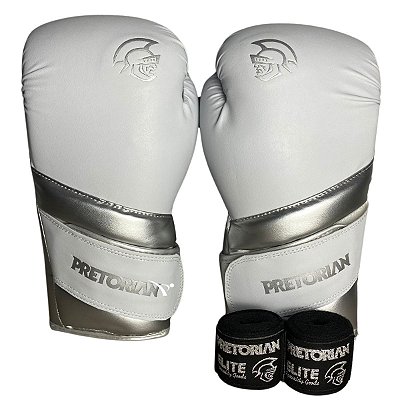 KIT LUVA 10OZ + BANDAGEM ELITE - BRANCO COM PRATA  - PRETORIAN