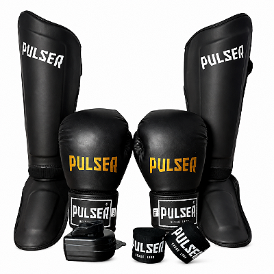 SUPER KIT LUVA 16OZ + CANELEIRA M/30MM + BANDAGEM + BUCAL - PRETO BRANCO MINIMAL - PULSER