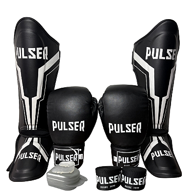 SUPER KIT LUVA 16OZ + CANELEIRA M/30MM + BANDAGEM + BUCAL - PRETO BRANCO MINIMAL - PULSER