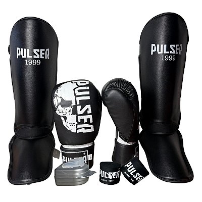 KIT LUVA 16OZ + CANELEIRA G/20MM + BANDAGEM + BUCAL - PRETO BRANCO CAVEIRA - PULSER