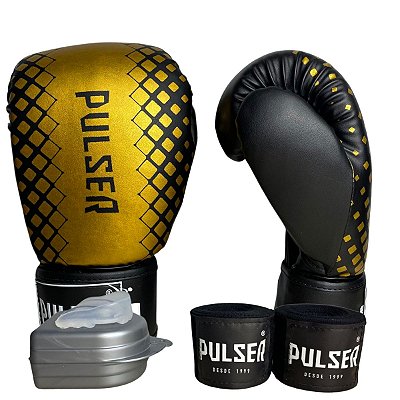 KIT LUVA 16OZ + BANDAGEM + BUCAL - PRETO DOURADO EVOLUTION - PULSER