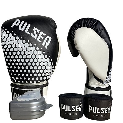 KIT LUVA 12OZ + BANDAGEM + BUCAL - PRETO BRANCO HEXA - PULSER