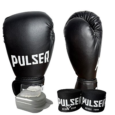KIT LUVA 08OZ + BANDAGEM + BUCAL - PRETO COM BRANCO - PULSER