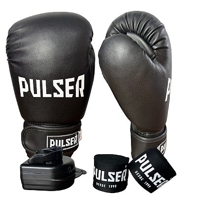 KIT LUVA 08OZ + BANDAGEM + BUCAL - PRETO COM BRANCO - PULSER
