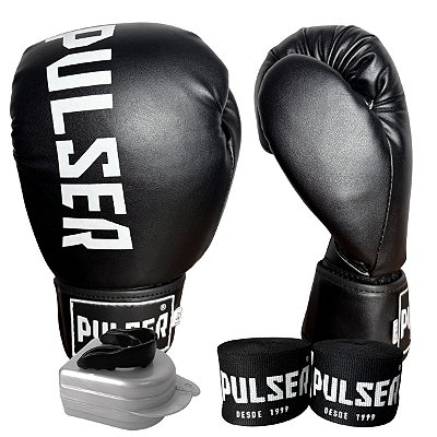 KIT LUVA 14OZ + BANDAGEM + BUCAL - PRETO BRANCO MINIMAL - PULSER