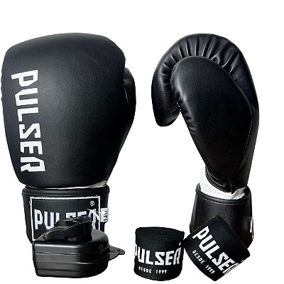 KIT LUVA 14OZ + BANDAGEM + BUCAL - PRETO BRANCO MINIMAL - PULSER