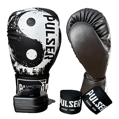 KIT LUVA 14OZ + BANDAGEM + BUCAL - PRETO BRANCO YNG YANG - PULSER