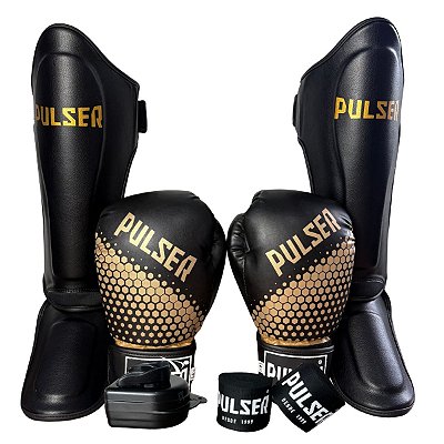 SUPER KIT LUVA 16OZ + CANELEIRA M/30MM + BANDAGEM + BUCAL - PRETO DOURADO HEXA - PULSER