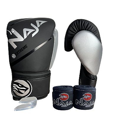 KIT LUVA 10OZ + BANDAGEM + BUCAL EXTREME - PRETO / PRATA - NAJA