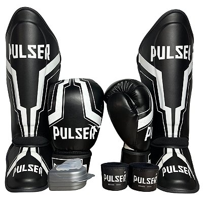 SUPER KIT LUVA 12OZ + CANELEIRA M/30MM + BANDAGEM + BUCAL - BRANCO PRETO IRON - PULSER