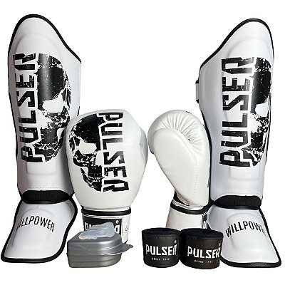 SUPER KIT LUVA 12OZ + CANELEIRA G/30MM + BANDAGEM + BUCAL - BRANCO CAVEIRA - PULSER