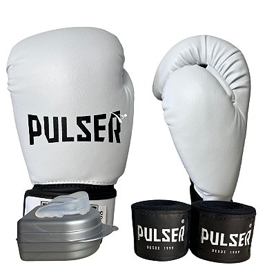 KIT LUVA 08OZ + BANDAGEM + BUCAL - BRANCO COM PRETO - PULSER