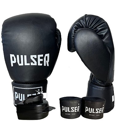 KIT LUVA 10OZ + BANDAGEM + BUCAL - PRETO BRANCO MINIMAL - PULSER
