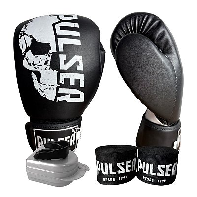 KIT LUVA 10OZ + BANDAGEM + BUCAL - PRETO BRANCO CAVEIRA - PULSER