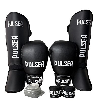 KIT LUVA 12OZ + CANELEIRA M/20MM + BANDAGEM + BUCAL - PRETO BRANCO MINIMAL - PULSER