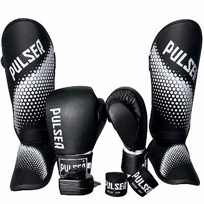 KIT LUVA 12OZ + CANELEIRA G/20MM + BANDAGEM + BUCAL - PRETO BRANCO MINIMAL - PULSER