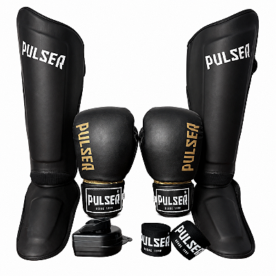 SUPER KIT LUVA 14OZ + CANELEIRA G/30MM + BANDAGEM + BUCAL - PRETO DOURADO MINIMAL - PULSER