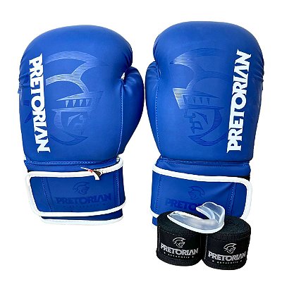 KIT LUVA 16OZ + BANDAGEM + BUCAL FIRST FX2 - AZUL COM PRETO - PRETORIAN