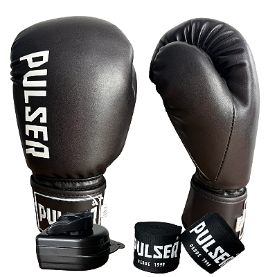KIT LUVA 10OZ + BANDAGEM + BUCAL - PRETO BRANCO MINIMAL - PULSER