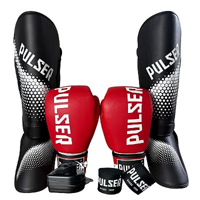 KIT LUVA 10OZ + CANELEIRA G/20MM + BANDAGEM + BUCAL - VERMELHO BRANCO MINIMAL - PULSER