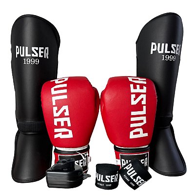 KIT LUVA 10OZ + CANELEIRA M/20MM + BANDAGEM + BUCAL - VERMELHO BRANCO MINIMAL - PULSER