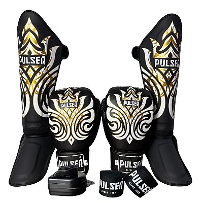 SUPER KIT LUVA 16OZ + CANELEIRA M/30MM + BANDAGEM + BUCAL - PRETO IMPERIAL - PULSER