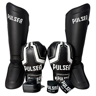 DUPLICADO - SUPER KIT LUVA 12OZ + CANELEIRA G/30MM + BANDAGEM + BUCAL - PRETO COM BRANCO MINIMAL - PULSER