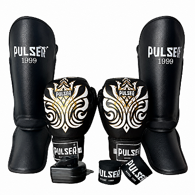 KIT LUVA 16OZ + CANELEIRA G/20MM + BANDAGEM + BUCAL - PRETO IMPERIAL - PULSER
