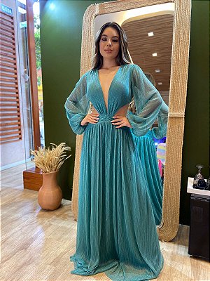 VESTIDO LONGO LUREX RECORTE CINTURA MANGA LONGA VERDE TIFANNY SORI