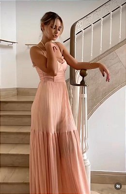VESTIDO LONGO MICROTULE ESTILO CORPETE DETALHE BABADO BUSTO ALÇA FINA REGULAGEM CHAMPAGNE LC