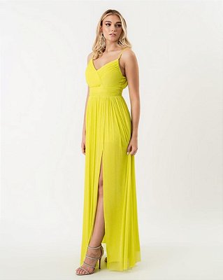 VESTIDO LONGO MICROTULE COM GLITTER ALCINHA FINA VERDE LIMA LC