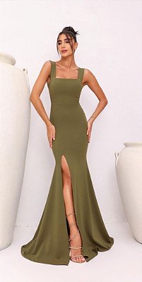 VESTIDO LONGO CREPE  ALÇAS LARGAS DECOTE RETO VERDE OLIVA DOT